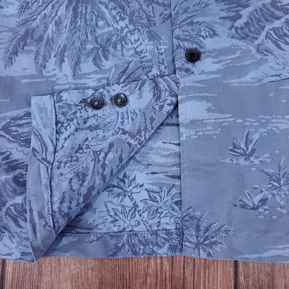 Kahala Mens Large Blue Aloha Hawaiian Palm Tree Island Scenic SS Camp Shirt - Picture 6 of 13